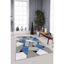 Mavi Geometrik Kaymaz Tabanlı Makinede Yıkanabilir Halı Wl07n11
