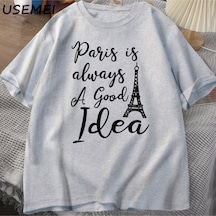 Flood Of Style Erkekler T En Kaliteli Baskı Paris T-shirt Rahat Tatil Moda O Boyun Kazak Pamuk Kısa K Gri