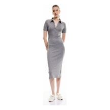 Koton Viskon Slim Fit Kısa Kollu Midi Polo Yaka Kalem Elbise Gri 5sak80272ek Gri