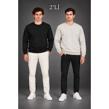 Erkek 2li Bisiklet Yaka İçi Şardonlu 2 İplik Düz Uzun Kollu Regular Fit Sweatshirt - Siyah - Gri Çok Renkli