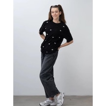 Zekids Kız Çocuk Fiyonk Nakışlı Oversize Tshirt-15536 Siyah Beyaz