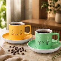 Bk Gift 2'li Sarı Ve Yeşil Renkli Emoji Yüz Tasarımlı Seramik Türk Kahvesi Fincanı Takımı-9 Çok Renkli