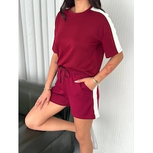 Tarzyeri Osy Modal Yumuşak Dokulu Kumaş Kadın Parçalı Bisiklet Yaka T-shirt Kısa Şort İkili Takım - Bordo Beyaz