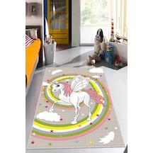 Çok Renkli Kaymaz Tabanlı Yıkanır Unicorn Çocuk Halısı Kd57n11