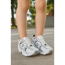 Mini Günlük Unisex Beyaz Siyah Sneaker Kaymaz Yüksek Taban Desenli Triko Bağcıklı Koşu Spor Ayakkabı Beyaz - Gümüş
