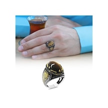 Kaplangözü Taşlı Oval Tasarım Grek Süslemeli 925 Ayar Gümüş Erkek Yüzük
