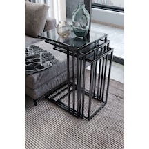 Dekoport Mira 3lü Zigon Sehpa C Sehpa - Yan Sehpa Füme Cam Siyah Füme