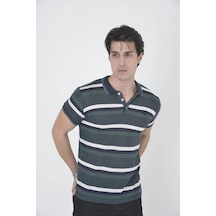 Wear Vexel Erkek Polo Yaka Tişört Slim Fit Dokuma Çizgili Kısa Kol T-shirt - Haki Çok Renkli