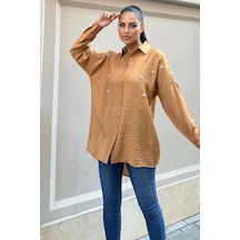 Taş Kahve Keten Taşlı Klasik Gömlek Karamel Taş Kahve Keten Taşlı Klasik Gömlek Karamel