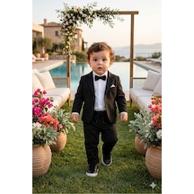 Baby Kids Colors Flamlı Keten Salaş Ceketli Takım Elbise/gömlek Pantolon Ceket Papyon Ay Grubu Zıbınlı Siyah