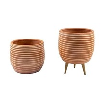 Bitki Tasarımı Ev Dekorasyon Yan Çizgi Desenli Terrakota Toprak Saksı Saksılık Salon Çiçeklik İkili Set Ayaksız - 3 Ayaklı- 15 Cm