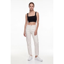 CEMO Kadın Yüksek Bel Mom Fit Kesik Paca Jean Pantolon Beyaz