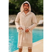 Kapşonlu Unisex Peştemal Plaj Bornozu %100 Pamuklu Seaside Stripe Kahverengi