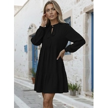 Efnaz Style Kadın Uzun Kollu Yakadan Bağcıklı Fırfırlı Keten Mini Elbise Siyah