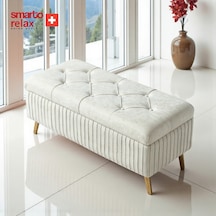 Smarto Relax Swiss Style Puf , Appenzell Kapitone Sandıklı Puf, Babyface Kaplama, 100x40x45 Cm, Ahşap Ayaklı ,sandıklı Dekoratif Puf Ekru Bej