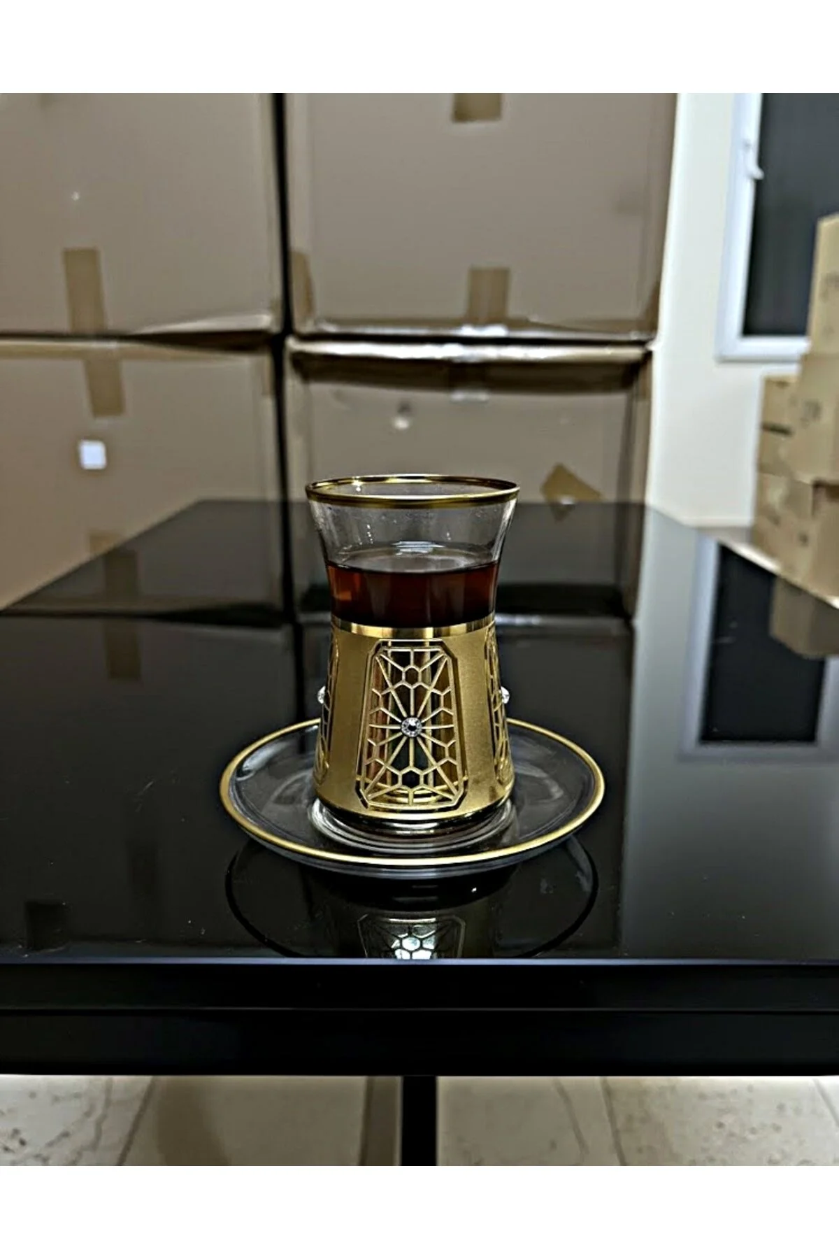 Paşabahçe Gold Super Desenli Cam Tabaklı 12 Parça Çay Seti Şeffaf - Altın