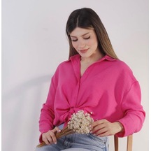 Kadın Pembe Crop Belden Bağlama Detaylı Gömlek