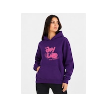 Herkesemoda Joy Lord Baskılı Kapüşonlu 2 İplik Şardonlu Sweatshirt Mor