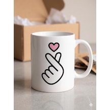 Kore Parmak Kalp Kupa - Korean Finger Heart K-pop Seramik Bardak Hediyesi 325ml Beyaz - Çok Renkli