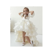Miço Kids Organze Fırfırlı Kız Çocuk Maxi Abiye Elbise Kırık Beyaz