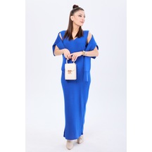 Düz Yarım Balıkçı Yaka Kadın Mavi Crop+elbise Takım - 24106 001