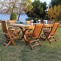 Avşa Ahşap Bahçe Takımı: 80x140+40 Masa + 6 Katlanır Sandalye Acı Kahverengi