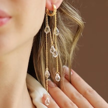 Damla Sallantılı Kristal Gold Gümüş Küpe Gümüş
