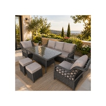 Rattan Bahçe Balkon Oturma Grubu 3+1+1 Cam Tablalı Siyah Bahçe Mobilyası