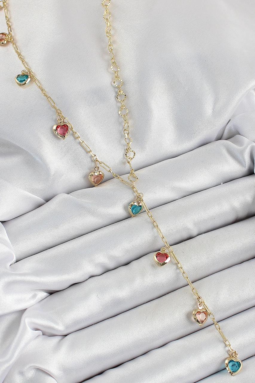 Tua Moda Pirinç Asorti Kalp Model Gold Renk Zirkon Taşlı Y Kolye Çok Renkli