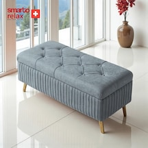 Smarto Relax Swiss Style Puf , Appenzell Kapitonesandıklı Puf, Babyface Kaplama, 100x40x45 Cm, Ahşap Ayaklı ,sandıklı Dekoratif Puf Gri