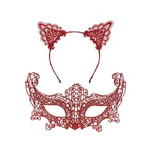 Mey İthalat Romantik Kırmızı Dantel Maske Seti Kedi Kulaklı Taç Ve Maske 3 No