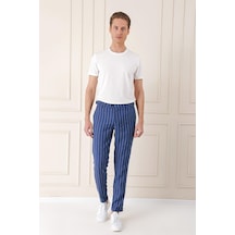 Efor Comfort Fit Yandan Tokalı Çizgili Keten Casual İndigo Pantolon P 1151 İndigo
