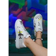 Kadın Vegan Deri Beyaz Sneakers - New York Ticket Tasarım Çok Renkli