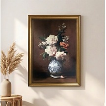Klasik Gold Çerçeveli Çini Vazoda Şakayık Çiçekleri Tablo Lüks Salon Duvar Dekoru 60x80 Cm