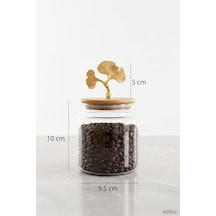 Altın Ginkgo Figürlü 3 Lü Cam Kavanoz Seti Bambu Kapaklı 635 Cc Saklama Kabı Ahşap