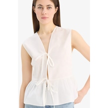 DeFacto Fitted V Yaka Önden Bağlamalı Poplin Kolsuz Bluz E6529AX25SMWT34