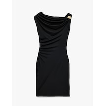 Koton Slim Fit Aksesuar Detaylı Asimetrik Kayık Yaka Drapeli Kolsuz Mini Elbise Siyah 6sak80197ek Siyah