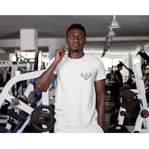 Gym Sporcu Fitness Dumbell Göğüs Baskılı Regular Fit %100 Pamuk Beyaz T-shirt Beyaz
