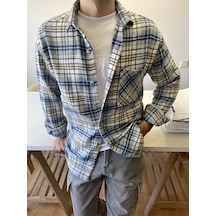 Mavi-sarı-beyaz Erkek Slim Fit Çift Cep Kapaklı Kaşe Oduncu Gömlek Mavi-sarı-beyaz