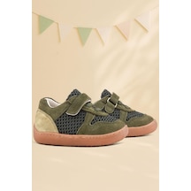 Rakerplus Bob Hakiki Deri Haki Yeşil Barefoot Cırtlı Lastikli Bebek Sneaker Ayakkabı Yeşil