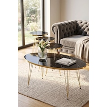 Odera Bendir Siyah Mermer Desenli Oval Orta Sehpa Ve Yuvarlak Zigon Sehpa 4'lü Set Pvc Kenarlı Metal Ayaklı Retro Modern Salon Sehpası Diğer