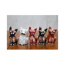 3 Adet Ahşap Kedi Seti 5'li Figür Seti 8 Cm Yükseklik Ahşap Kedi Figürleri Cat Set Wooden Figurines