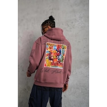 Ertaştrendstore Erkek 3 İplik Pamuklu Kapüşonlu Baskılı Cepli Sweatshirt Hoodie - Gül Kurusu Çok Renk
