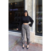 Kechi Woman Gabardin Kumaş Desenli Pantolon Gri Leopar