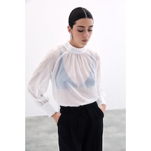 Sateen Taş Detaylı Transparan Bluz - Ekru-135759 Ekru