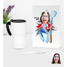 Kişiye Özel Bayan Diş Hekimi Karikatürlü Beyaz Defter Kalem Ve Termos Mug Seti - 3 Beyaz