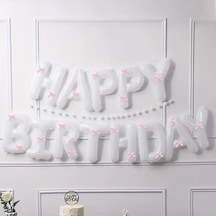 Pembe Kurdeleli Happy Bırthday Beyaz Folyo Balon Seti 33 Parça BEYAZ
