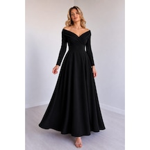 Butik İstanbul Kadın Uzun Kollu Omuzlardan Açık Kıloş Uzun Janjan Krep Elbise Siyah