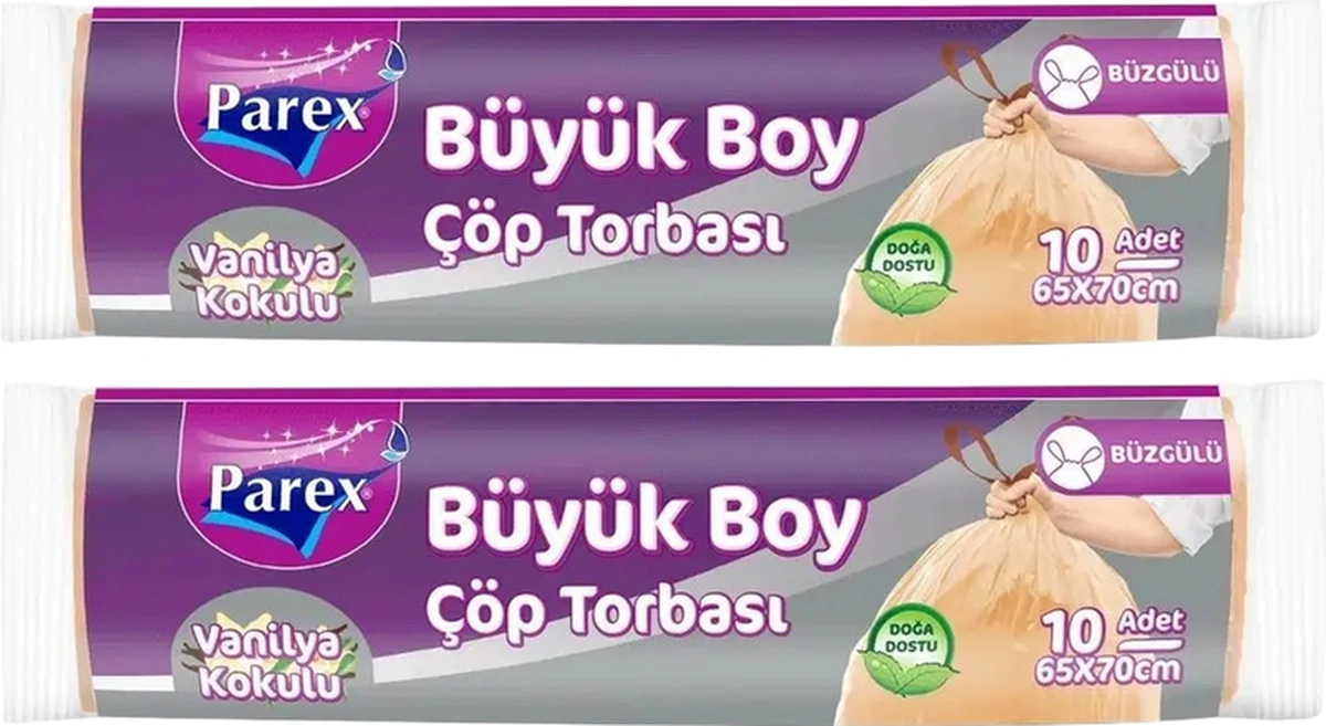 Büzgülü 10'lu Çöp Torbası Vanilya Kokulu Büyük Boy 65 X 70 Cm İkili Paket