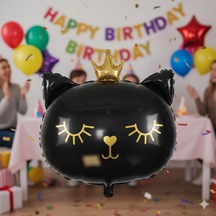 30 İnç Siyah Kedi Kafası Taçlı Folyo Balon - Doğum Günü Parti Dekorasyon Balonu Çok Renkli